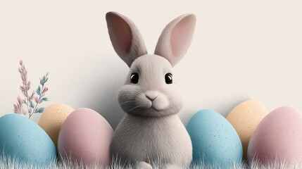 Cute white bunny with pastel Easter eggs in ceramic bowl on blue background, spring holiday concept.