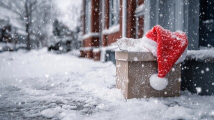 Festive red santa hat on a snowy winter doorstep.