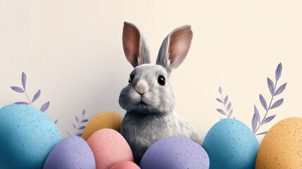 Cute white bunny with pastel Easter eggs in ceramic bowl on blue background, spring holiday concept.