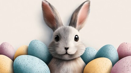 Cute white bunny with pastel Easter eggs in ceramic bowl on blue background, spring holiday concept.