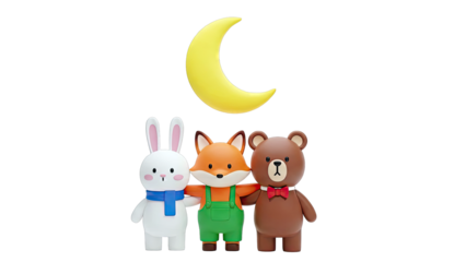 Cute 3D Animal Friends Under a Crescent Moon
