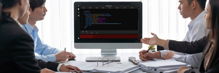 Business intelligence and data analysis concept. Analyst team working on financial data analysis dashboard on laptop screen as marketing indication for effective business strategic planning. Insight