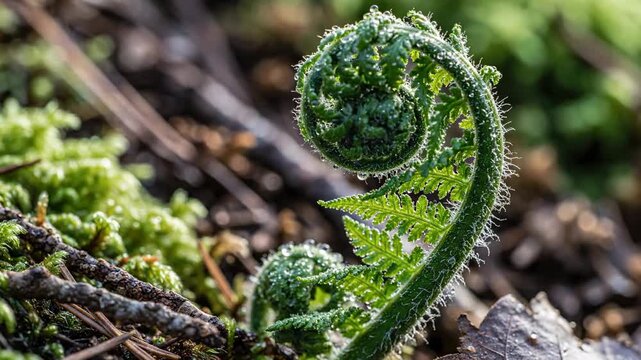 Close-up of a Fiddlehead Fern Unfurling in a Forest.