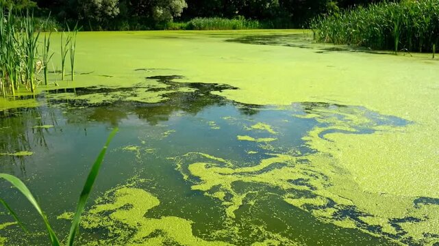 A calm pond covered in green algae, reflecting surrounding nature.