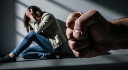 Obraz premium Aggressive fist looms over a distressed woman crying in a dark, shadowy room, symbolizing domestic violence.