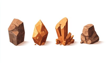 Cartoon illustration of various brown and orange rocks and crystals on white