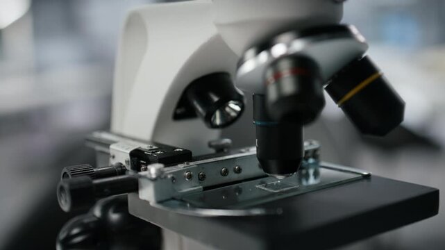 Close up of microscope on workbench in sterile empty hospital laboratory. Optical device gear and lab vials with blue liquid in research facility with nobody in used for scientific discoveries