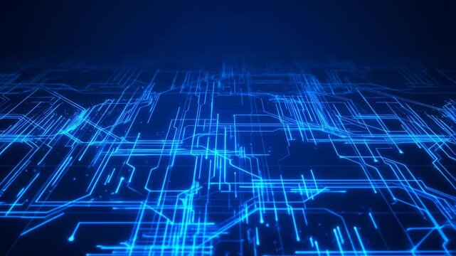A futuristic blue circuit board glowing in the dark, showcasing complex electronic pathways in a mesmerizing video.