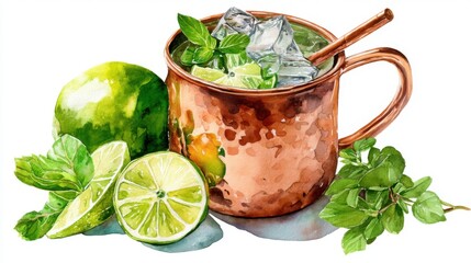 Copper mug with mojito cocktail and fresh limes on a white background.