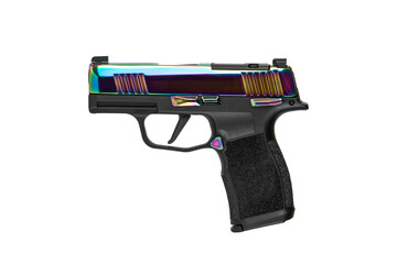Compact handgun with a colorful iridescent slide finish isolated on a white back