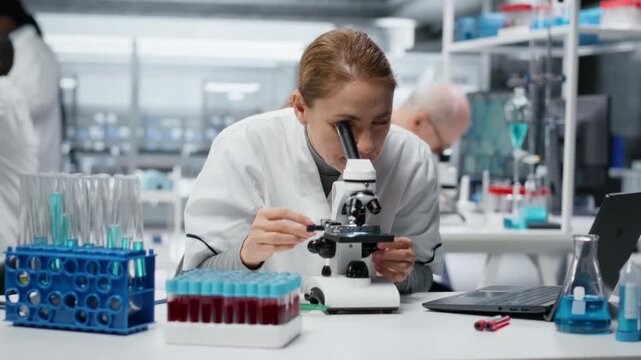 Histology technician examining pathology slides under microscope in research center. Female researcher driving medical innovation through dedicated cellular analysis work, camera B