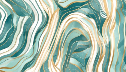 Abstract Watercolor Teal and Gold Wavy Pattern Background