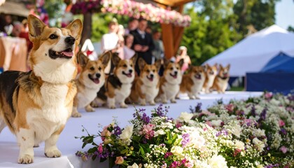 Happy Pembroke Welsh Corgi dog standing proudly at a vibrant outdoor event with a line of Corgis and floral arrangements in the background.