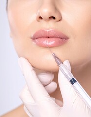 Woman receiving cosmetic lip filler injection with syringe for beauty enhancement