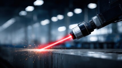 Red laser beam focused on metal surface, emitting sparks in industrial setting, highlighting precision technology and innovation.