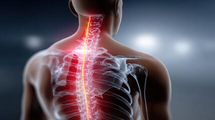 3D illustration of a human back highlighting the spine with illuminated neural pathways, ideal for use in medical and educational contexts.