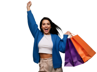Joyful woman celebrates a shopping spree, arms raised in triumph, clutching colorful bags—blue, orange, purple—symbolizing retail therapy, fashion finds, and consumer happiness. Perfect for ads promot