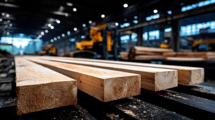 Close-up of stacked wooden planks in a sawmill, with industrial machinery in the background, ideal for construction and manufacturing concepts.