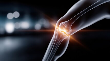 Anatomical illustration of an inflamed knee joint with osteoarthritis, featuring bright orange areas indicating inflammation, suitable for medical education.