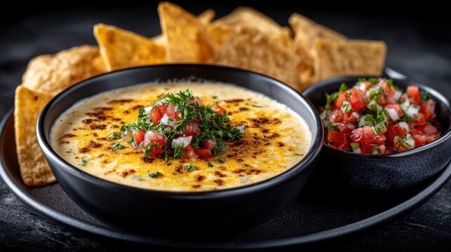 Close-up of a bowl of creamy queso dip topped with pico de gallo, accompanied by tortilla chips, ideal for Mexican cuisine promotions.