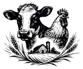Hand drawn line art farm elements set featuring a cow, rooster, barn, and wheat for agricultural branding