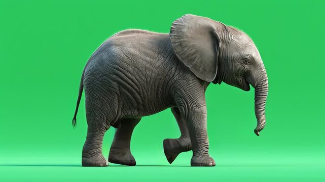 Cute Baby Running Elephant Walking Isolated on Green Screen