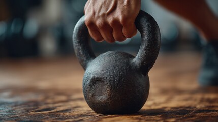 Hand gripping kettlebell in gym setting with focus on fitness and strength.