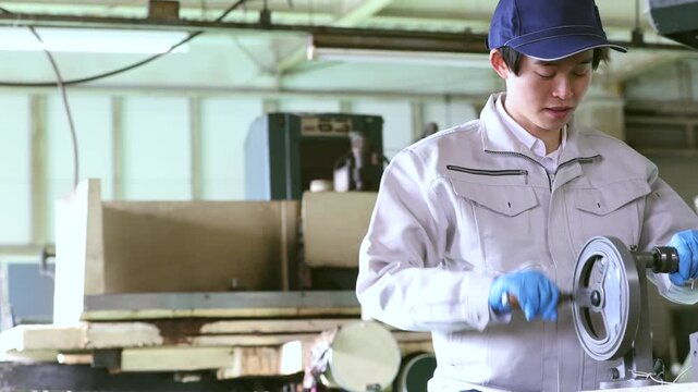 ハンドドリルで部品を加工する男性
