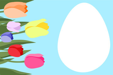Easter background with a large white egg frame and colorful tulips on the left side over a light blue sky.