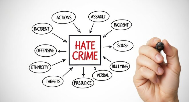 Diagram illustrating hate crime with related terms like causes targets prejudice and discrimination.