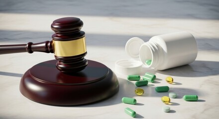 A wooden gavel rests beside a spill of green and yellow medicine capsules and a white bottle.