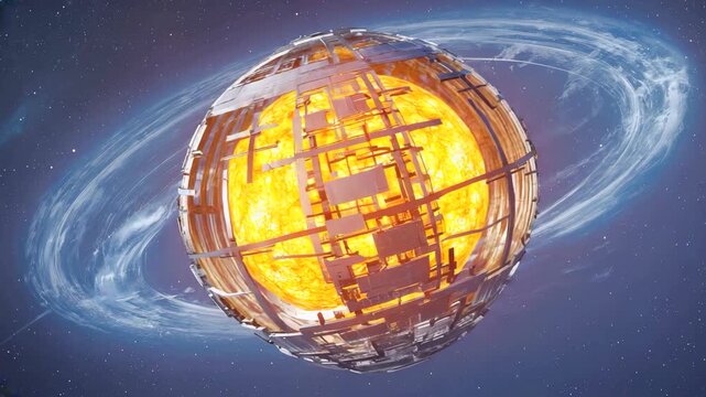 Dyson sphere surrounding a star emitting energy in space