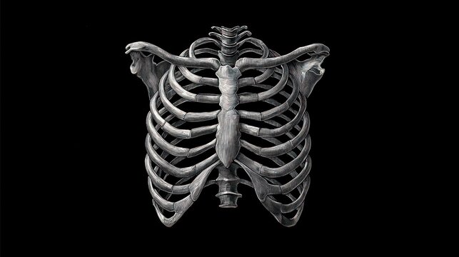 3D ribcage model. Centralized view of a clean, skeletal gray structure on black backdrop