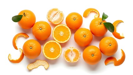 Fresh Oranges and Peel on White Background