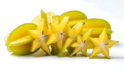 Fresh starfruit slices on a white background