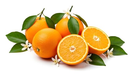 Fresh Oranges with Leaves and White Flowers