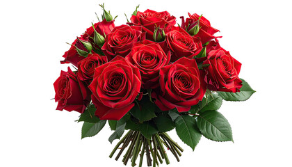 Obraz premium A vibrant bouquet of deep red roses with green leaves, isolated on a black background
