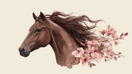 Obraz premium Elegant brown horse with flowing mane and blossoms.