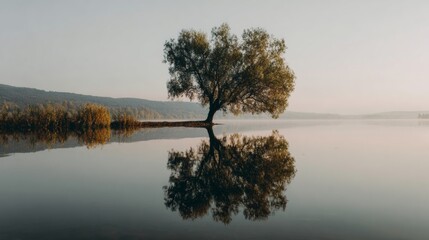 solitary tree on a small island surrounded by a large lake