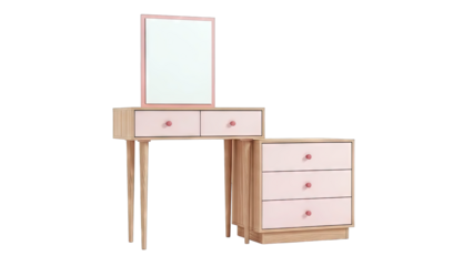 Modern Pink and Wood Vanity Table with Drawers and Mirror