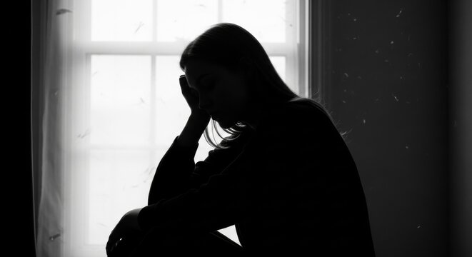 Silhouette of a woman by window light, head bowed in sadness. - Powered by Adobe