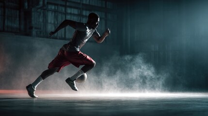 Dynamic male basketball player sprinting on indoor court in motion with dust trails and focused