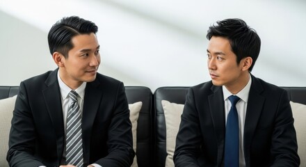 Fototapeta premium Two Asian men in business suits sit on a couch, engaged in a serious conversation.