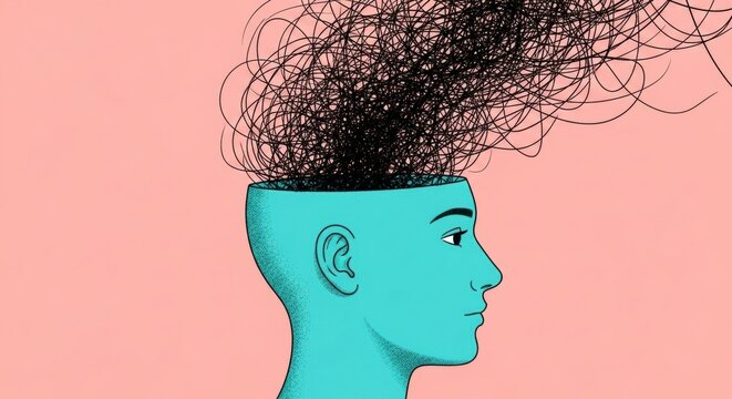 Turquoise head silhouette profile view with black scribbles exploding from top against a soft pink background.
