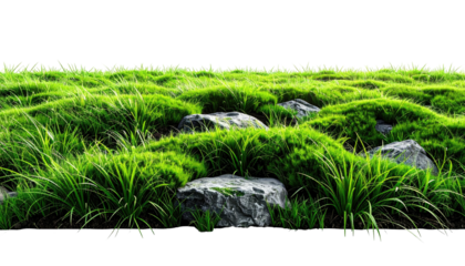 A vibrant, close-up landscape scene featuring lush green grass and several gray boulders