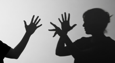 Shadows of two hands and a person's face projected onto a wall creating shapes for play.