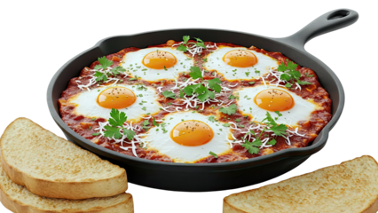 Shakshuka with Eggs in Cast Iron Skillet, Served with Toast
