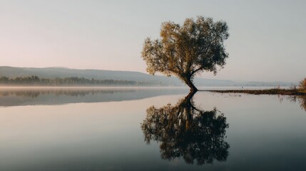 solitary tree on a small island surrounded by a large lake
