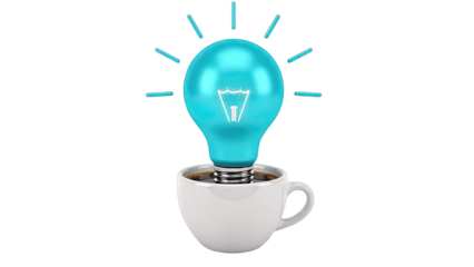 Blue lightbulb in coffee cup, symbolizing idea and inspiration