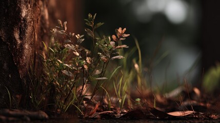 Undergrowth composition with tree bark, sprouts and sunlight in forest